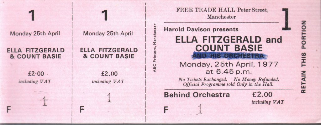 Ella Fitzgerald And Count Basie - Free Trade Hall Manchester 25Th April 1977 - Ticket