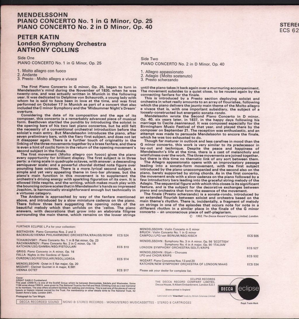 Peter Katin - Mendelssohn Piano Concertos 1 And 2 - Lp