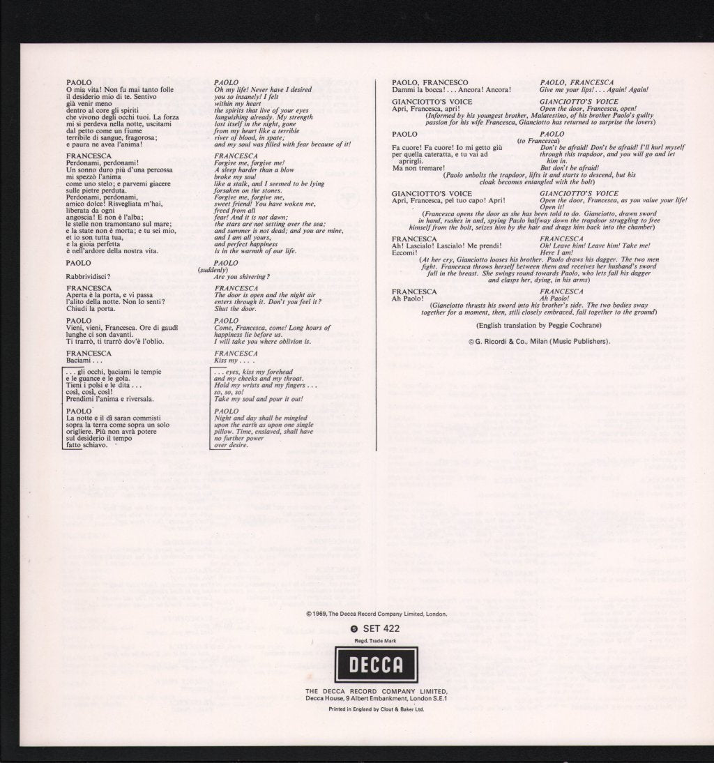 Mario del Monaco / Magda Olivero / Orchestre National De L'Opéra De Monte-Carlo / Nicola Rescigno - Francesca Da Rimini - Excerpts - Lp