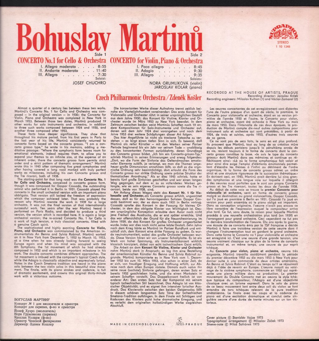 Josef Chuchro / Nora Grumlikova / Jaroslav Kolar / Czech Philharmonic Orchestra - Martinu - Concerto No. 1 For Cello & Orchestra / Concerto For Violin, Piano & Orchestra - Lp