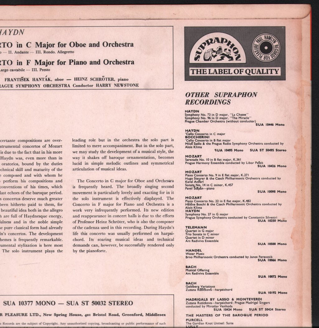 Frantisek Hantak / Heinz Schroter / Prague Symphony - Haydn - Concerto For Oboe / Concerto For Piano In F - Lp
