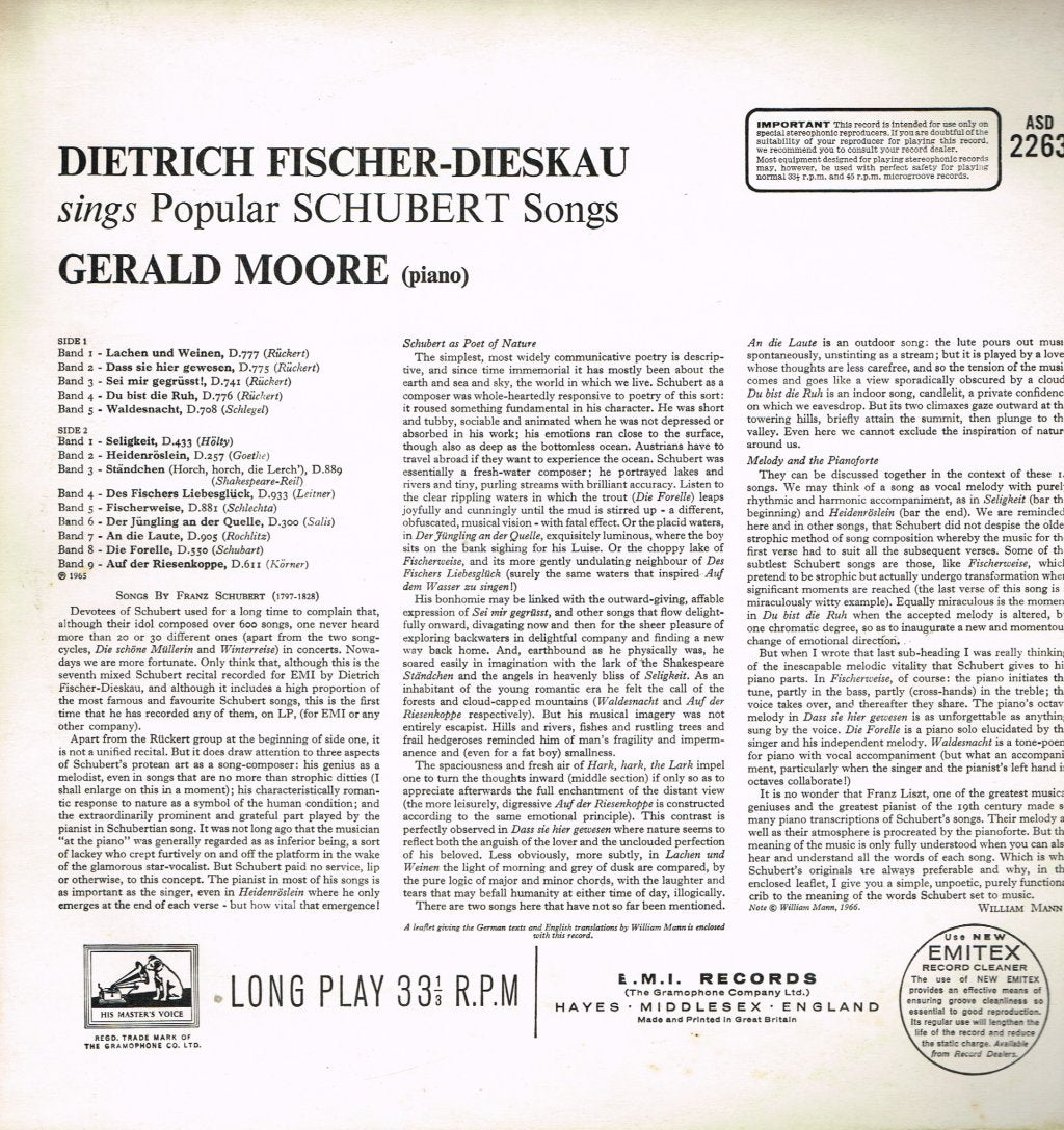 Dietrich Fischer-Dieskau - Sings Popular Schubert Songs - Lp