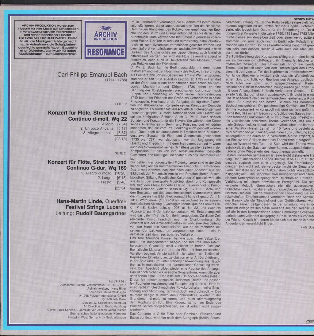 Hans-Martin Linde / Rudolf Baumgartner / Festival Strings Lucerne - Carl Philipp Emanuel Bach - Flötenkonzerte - Lp