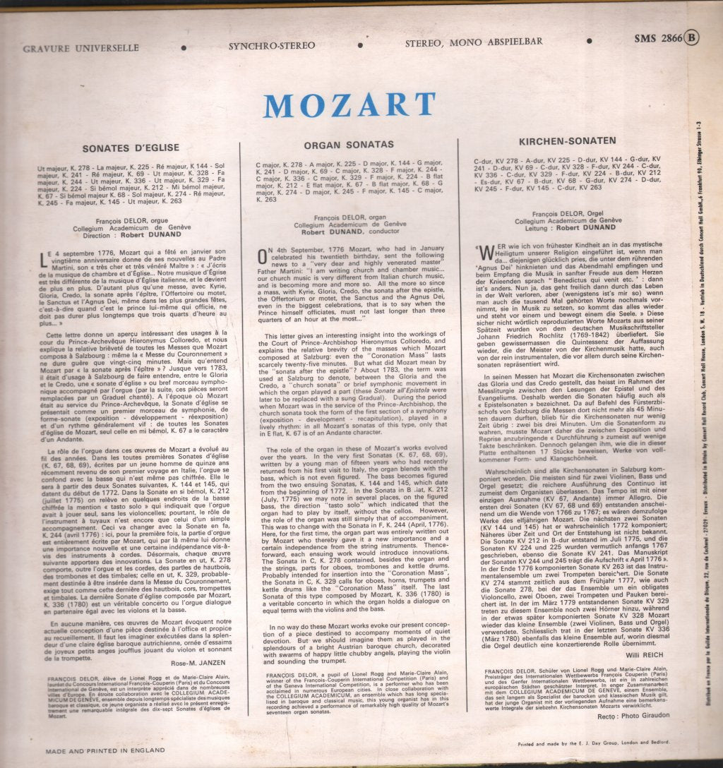 François Delor / Collegium Academicum De Genève / Robert Dunand - Mozart - Organ Sonatas - Lp