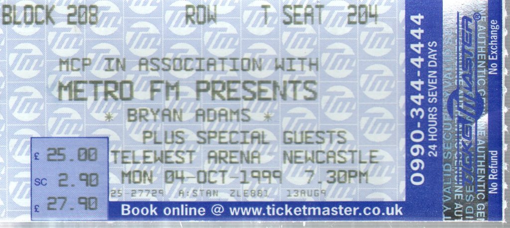 Bryan Adams - Newcastle Telewest Arena 4th October 1999 - Ticket