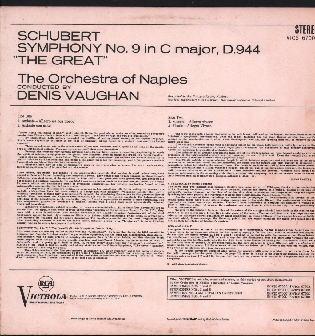 Denis Vaughan / Orchestra Of Naples - Schubert - Symphony No. 9 In C - Lp