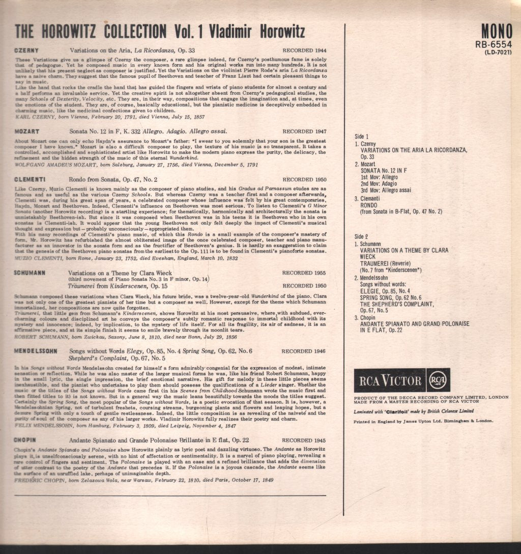Vladimir Horowitz - Horowitz Collection, Vol. 1 - Lp
