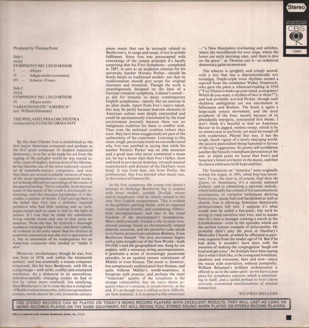 Eugene Ormandy / Philadelphia Orchestra - Charles Ives - Symphony No.1 Varaiations On America - Lp