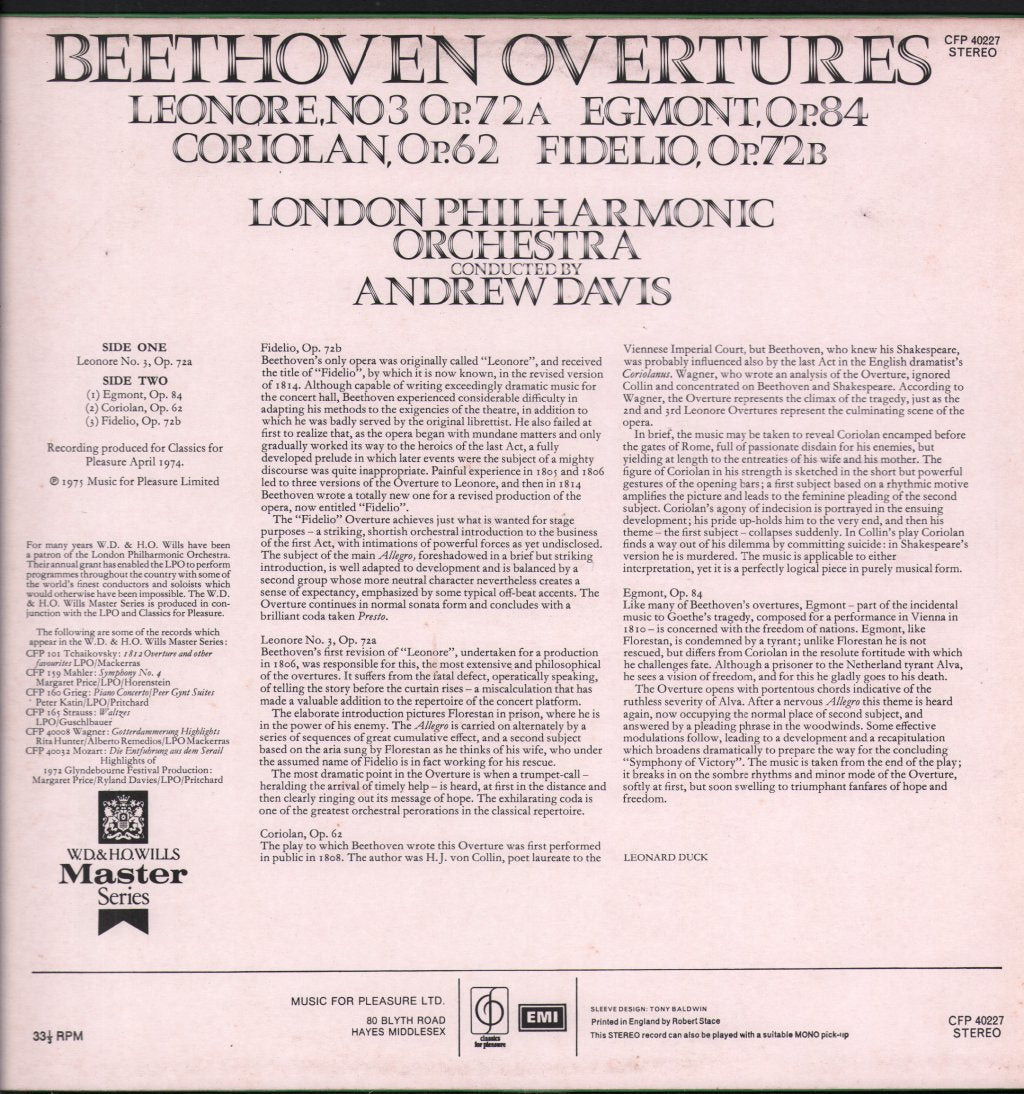 London Philharmonic Orchestra / Andrew Davis - Beethoven - Overtures - Leonore No. 3 / Egmont / Coriolan / Fidelio - Lp