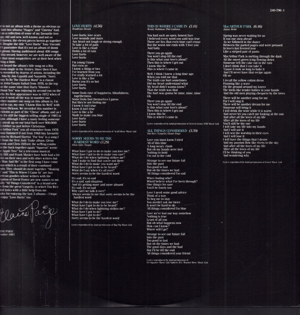 Elaine Paige - Love Hurts - Lp