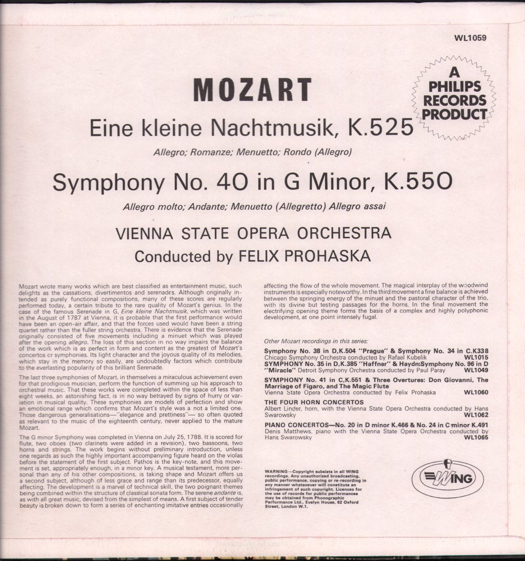 Vienna State Opera Orchestra / Felix Prohaska - Mozart - Eine Kleine Nachtmusik /  Symphony No. 40 In G Minor - Lp
