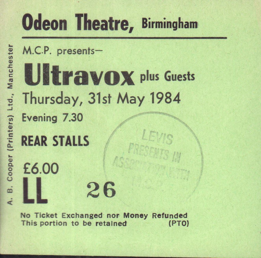 Ultravox - birmingham odeon theatre 31/5/84 - Ticket