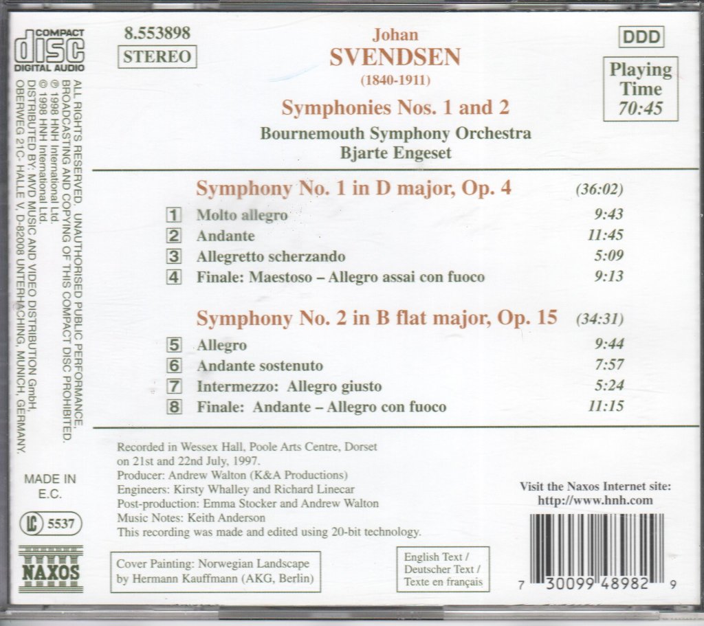 Bjarte Engeset / Bournemouth Symphony Orchestra - Svendsen: Symphonies Nos. 1 And 2 - Cd