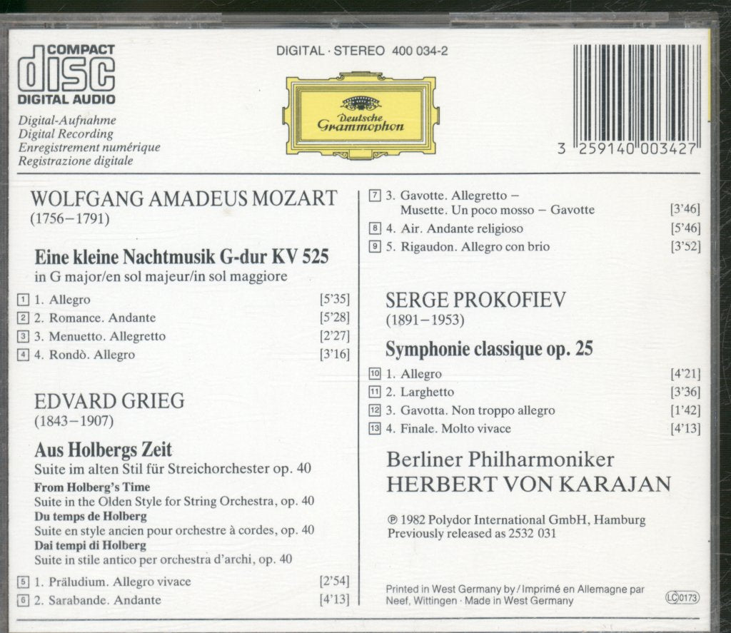 Herbert Von Karajan And Berlin Philharmonic - Eine Kleine Nachtmusik / Holberg-Suite / Symphonie Classique - Cd
