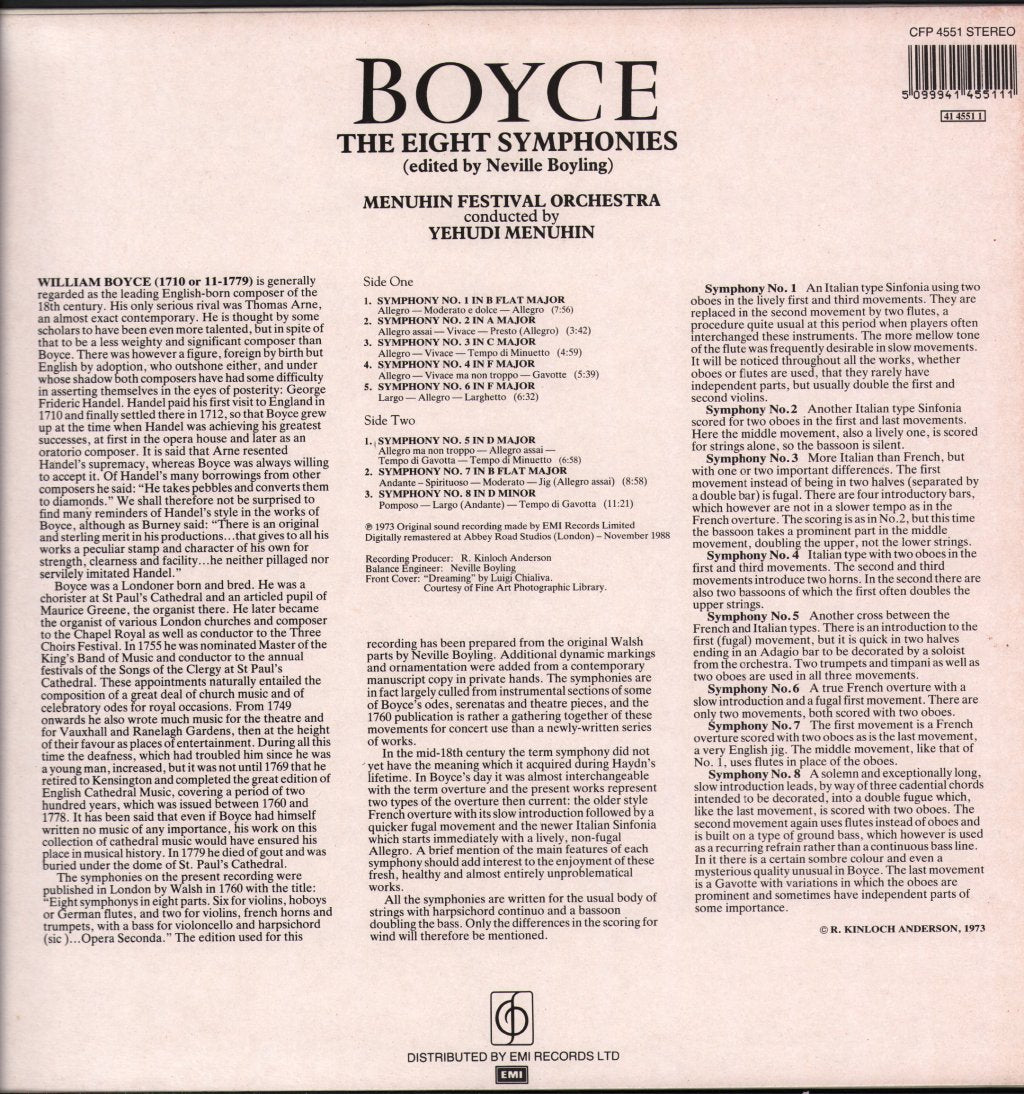Menuhin Festival Orchestra / Yehudi Menuhin - Boyce - Eight Symphonies - Lp