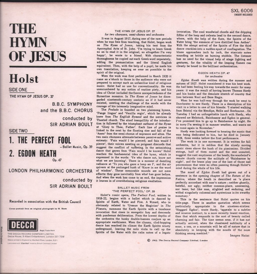 Sir Adrian Boult / BBC Symphony Orchestra / London Philharmonic - Gustav Holst - Hymn Of Jesus - Lp