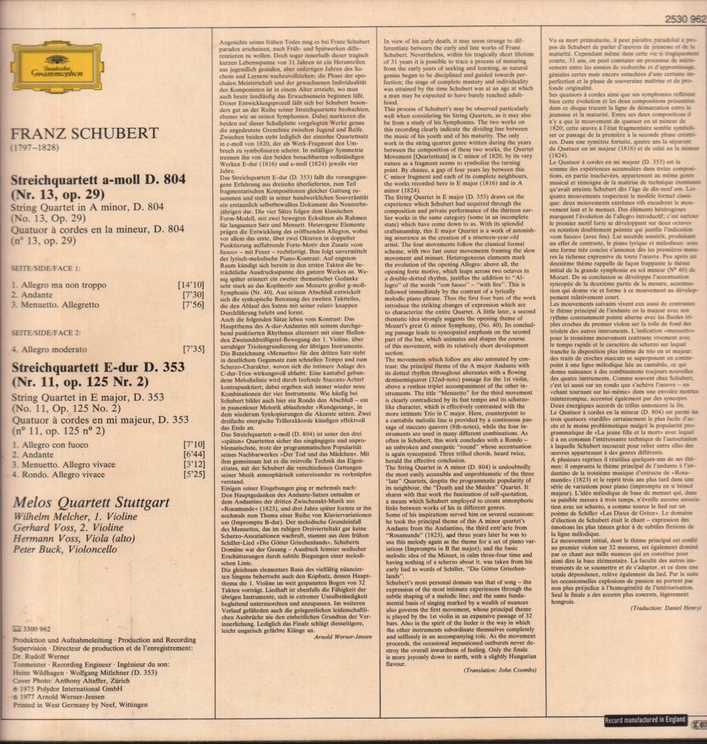 Melos Quartett Stuttgart - Schubert Streichquartette  A-Moll D. 804 Und E-Dur D. 353 - Lp