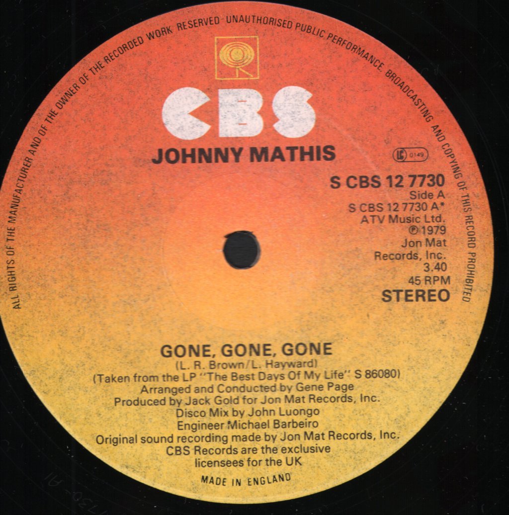 Johnny Mathis - Gone, Gone, Gone - 12 Inch