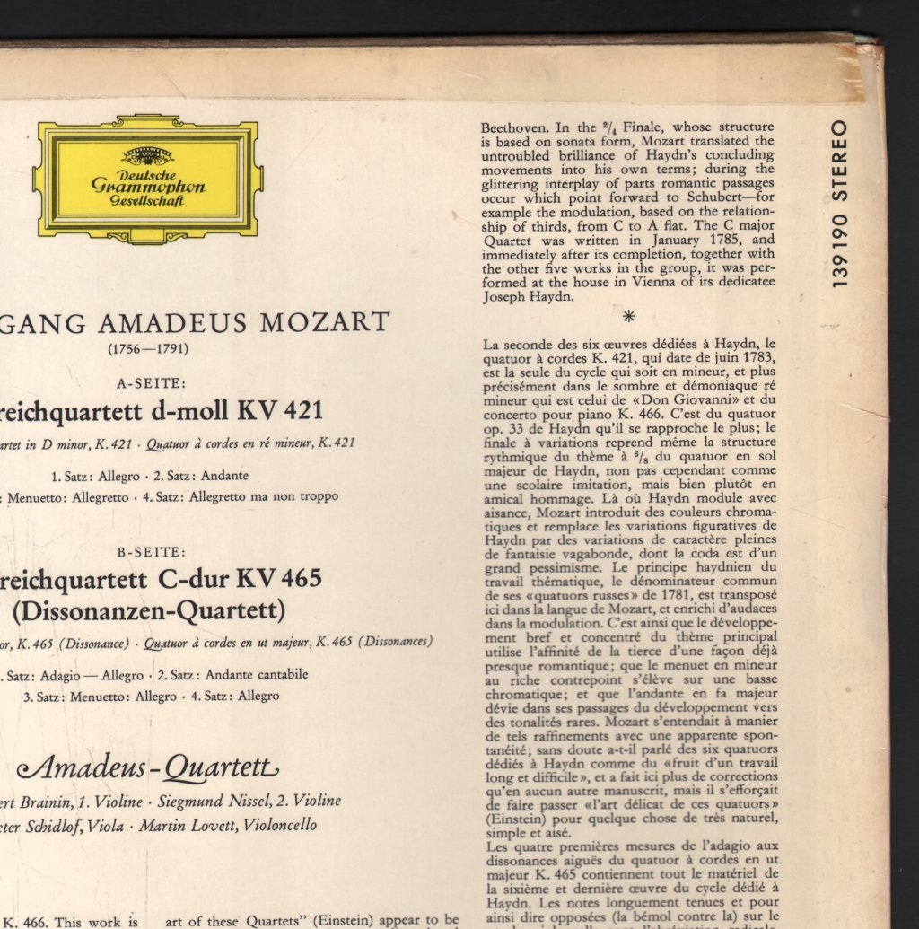 Amadeus-Quartett - Wolfgang Amadeus Mozart - Streichquartette D-Moll KV 421 Und C-Dur KV 465 - Lp