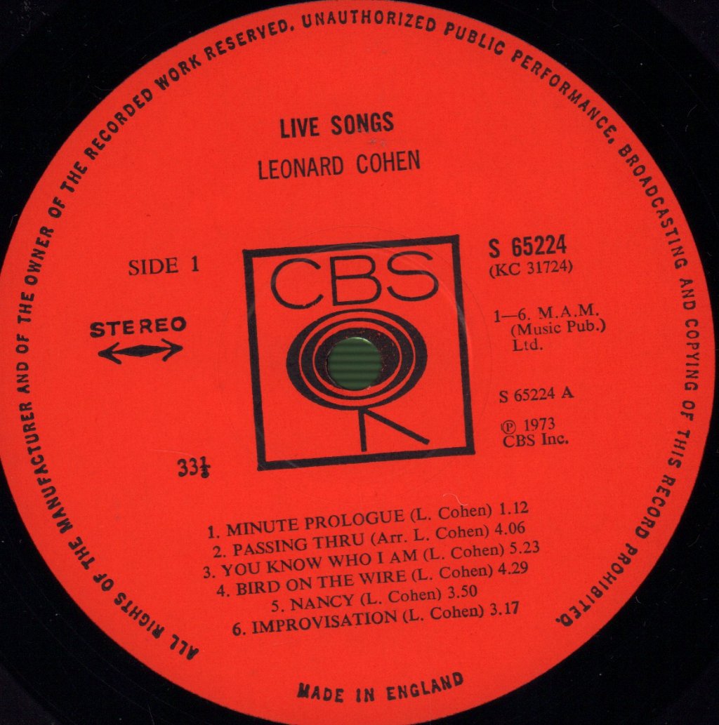 Leonard Cohen - Live Songs - Lp