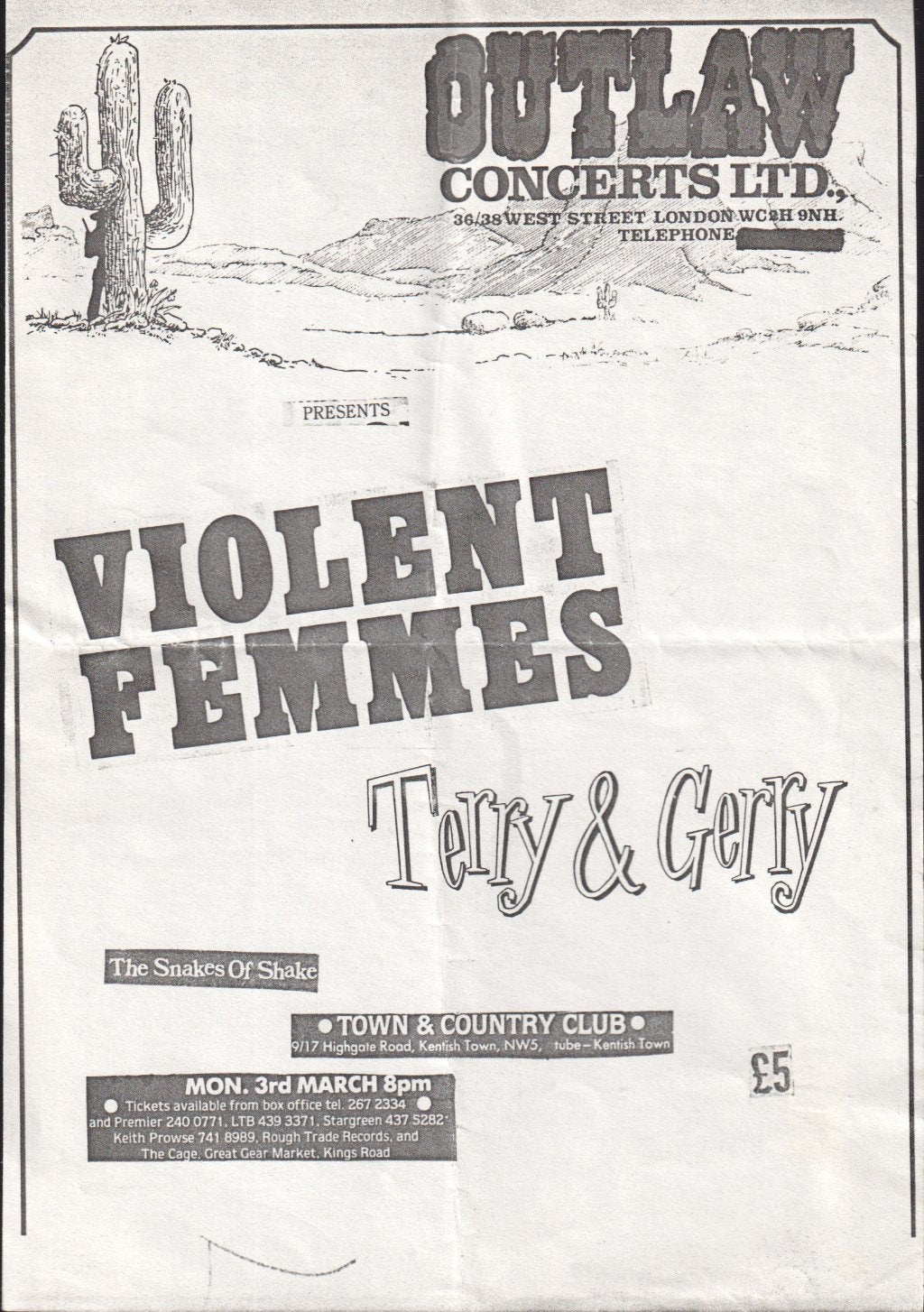 Violent Femmes/Terry & Gerry - Town And Country Club 3rd March - Flyer