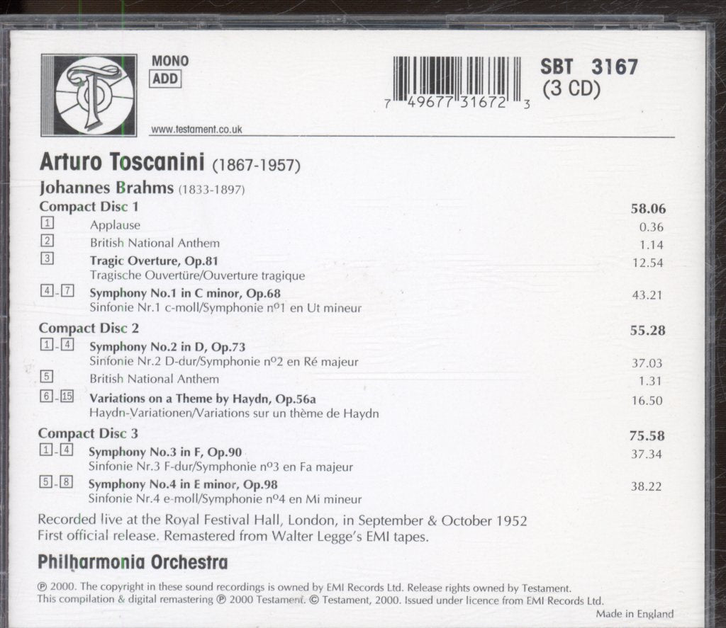 Arturo Toscanini, Philharmonia Orchestra - Brahms: The Four Symphonies; Variations On A Theme By Haydn; Tragic Overture - Triple Cd