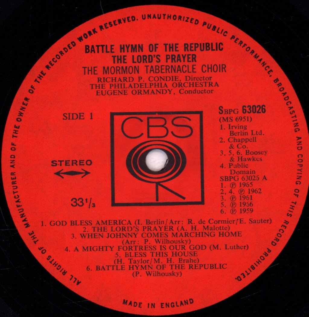 Mormon Tabernacle Choir - Battle Hymn Of The Republic The Lord's Prayer - Lp