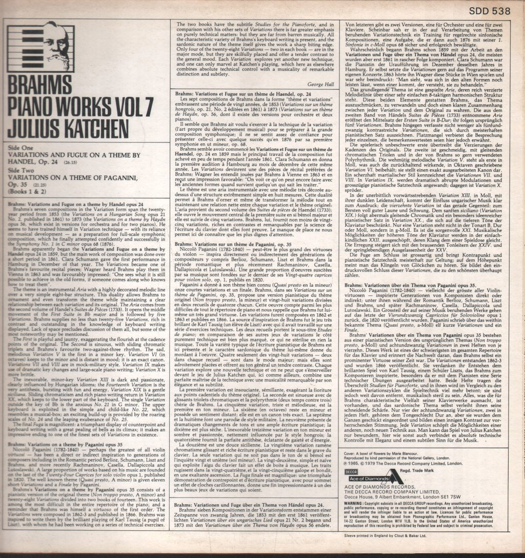 Julius Katchen - Brahms - Piano Works Vol 7: Variations And Fugue On A Theme By Handel / Variations On A Theme Of Paganini - Lp