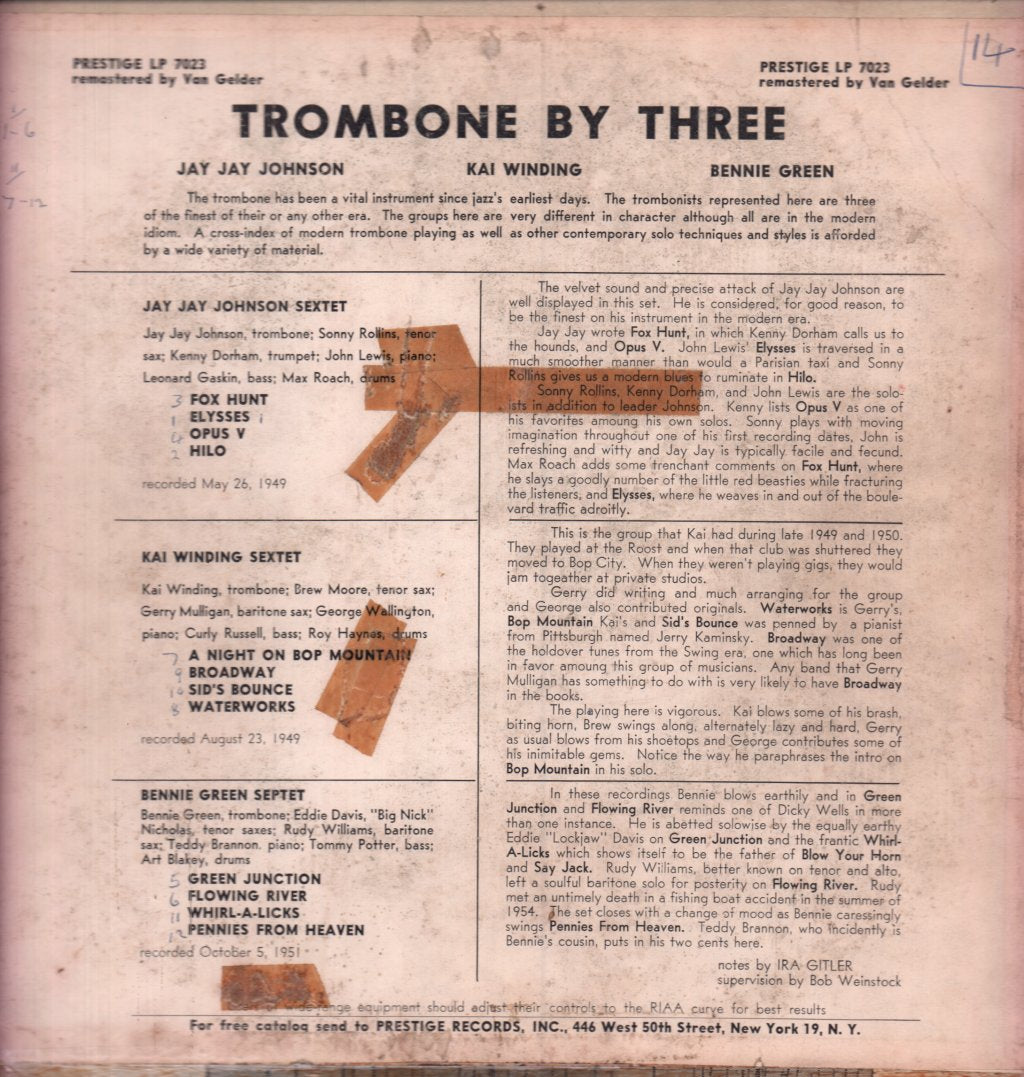 Jay Jay Johnson / Kai Winding / Bennie Green - Trombone By Three - Lp