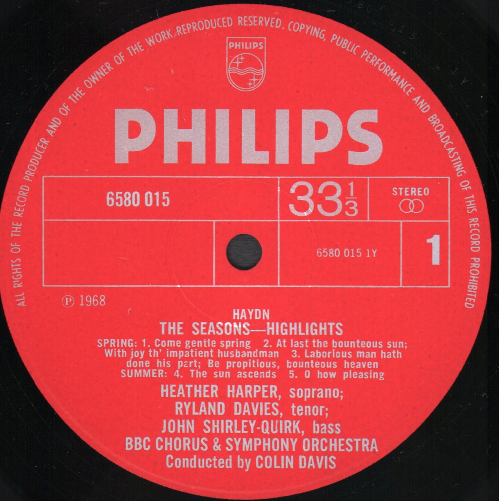 Colin Davis / Heather Harper / Ryland Davies / John Shirley-Quirk / BBC Symphony Orchestra - Haydn - Highlights from The Seasons - Lp