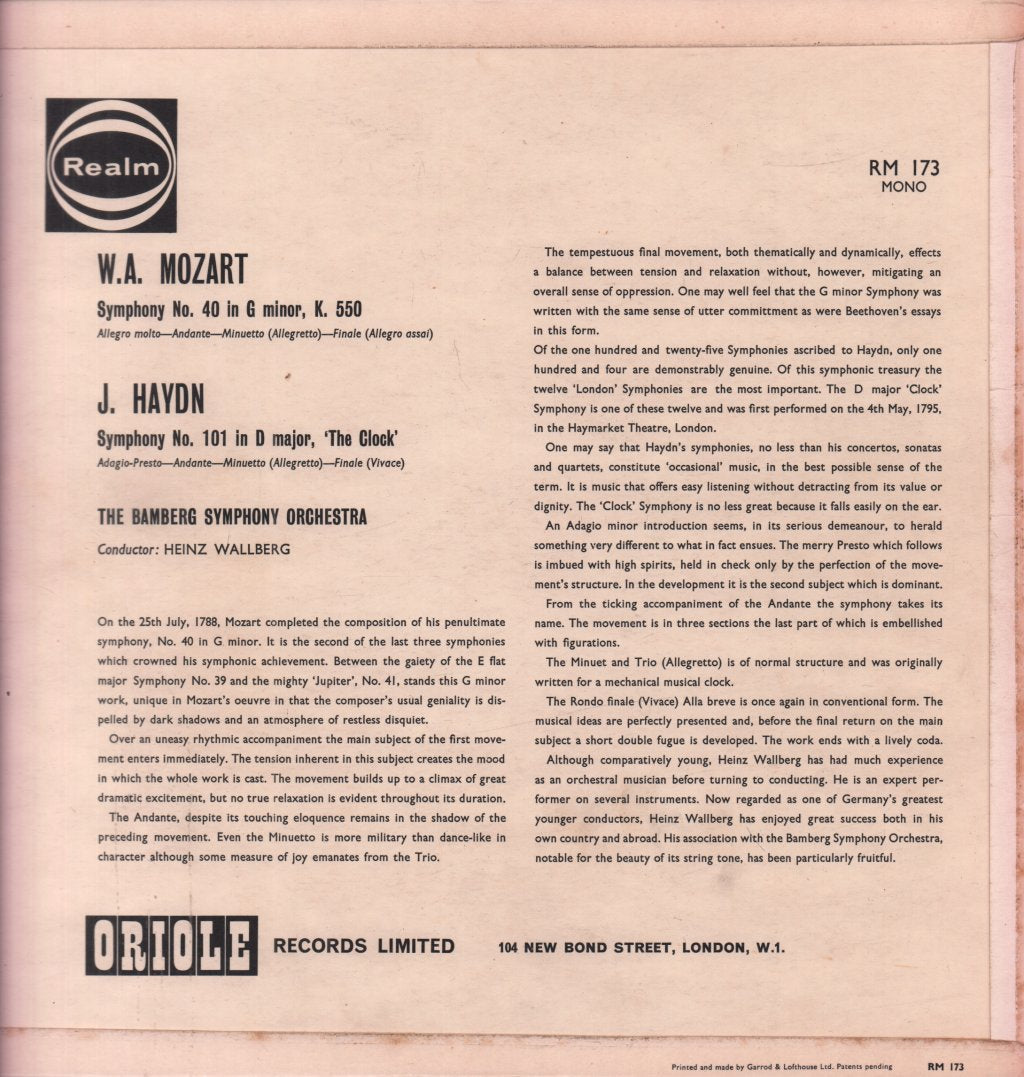 bamberg symphony orchestra - Mozart Symphony No. 40 In G Minor K.550 / Haydn: Symphony No. 101 In D (Clock) - Lp