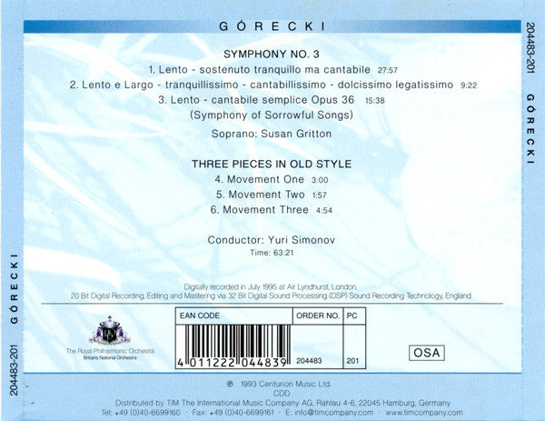 Royal Philharmonic Orchestra, Yuri Simonov, Susan Gritton - Symphony No. 3 Opus 36 'Symphony Of Sorrowful Songs' / Three Pieces In Old Style - Cd