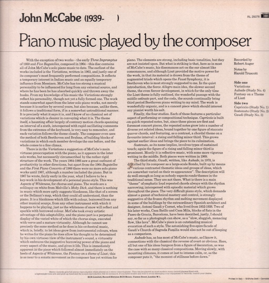 John McCabe - Piano Music Played By The Composer - Lp