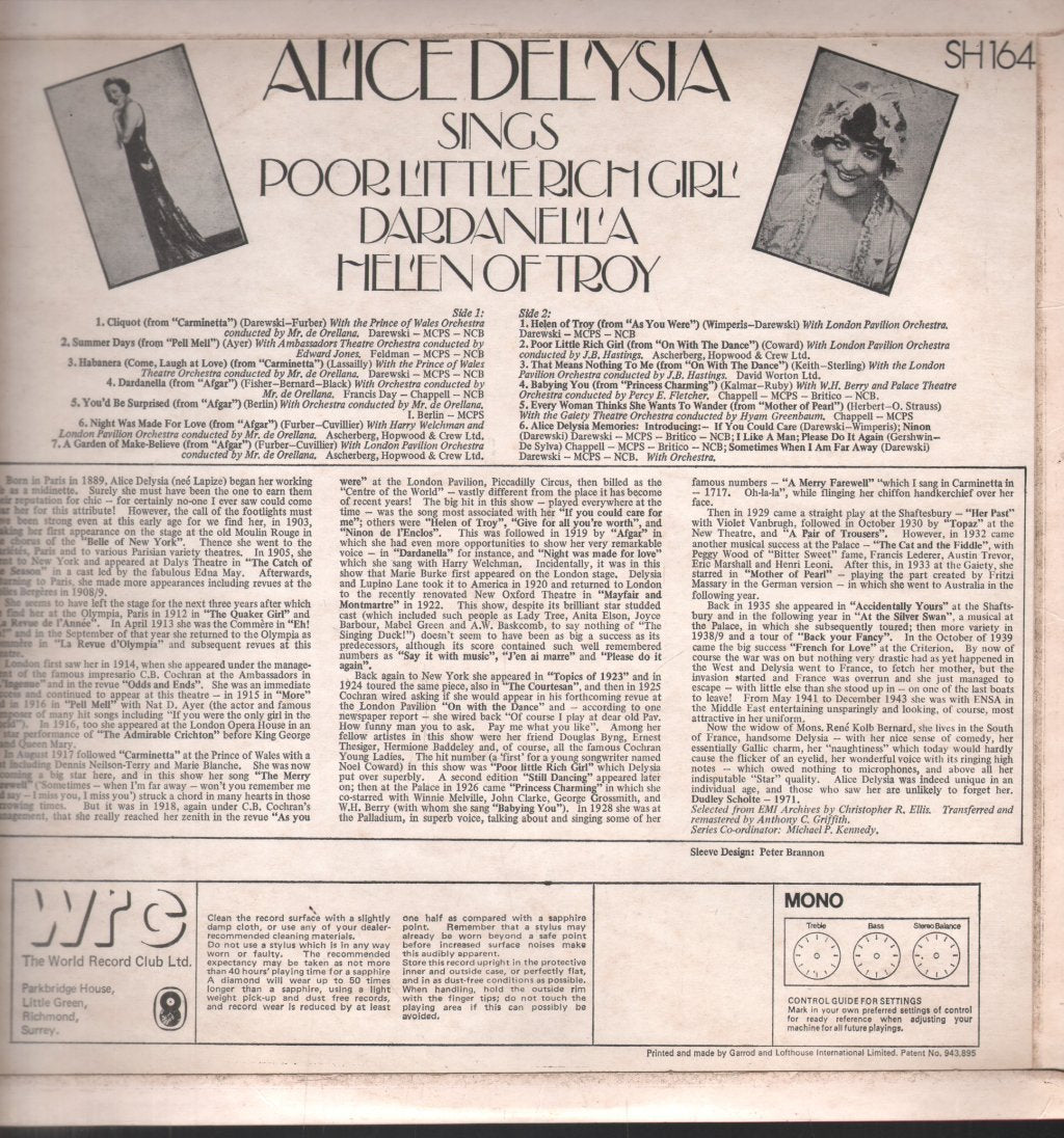 Alice Delysia - Sings Poor Little Rich Girl, Dardanella, Helen Of Troy - Lp