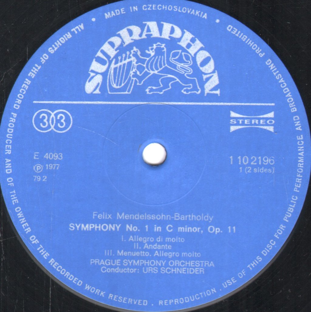 Prague Symphony Orchestra / Urs Schneider - Mendelssohn Symphony No.1 In C Minor / Heimer Aus Der Fremde Overture - Lp