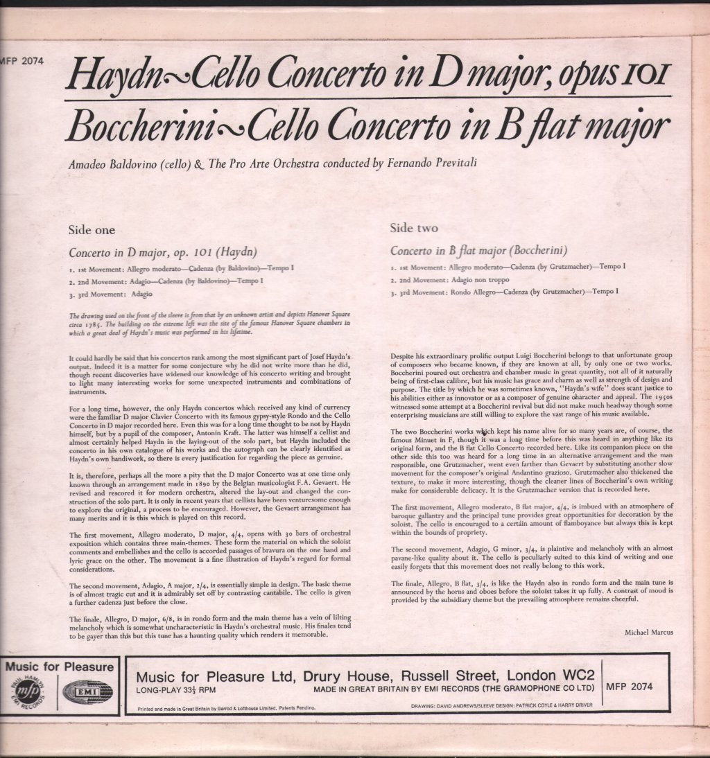 Amadeo Baldovino / Pro Arte Orchestra - Haydn - Cello Concerto in D Major, Opus 101 / Boccherini - Cello Concerto in B Flat Major - Lp
