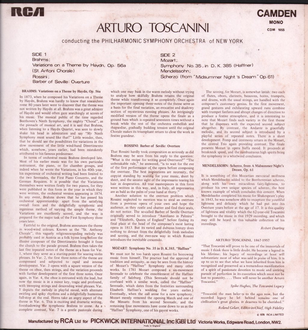 Arturo Toscanini / Philharmonic Symphony Orchestra of New York - Toscanini Conducting The Philharmonic Symphony Orchestra Of New York - Lp