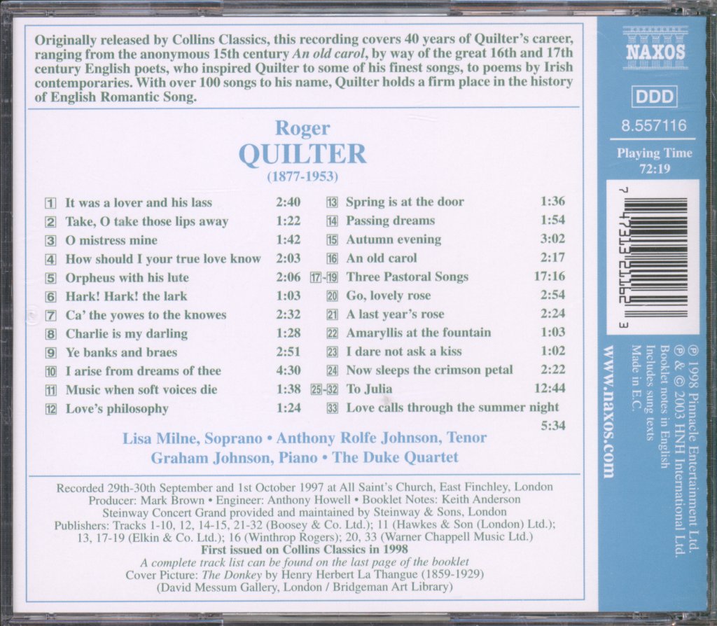 Lisa Milne, Anthony Rolfe, Graham Johnson, Duke Quartet - Roger Quilter - English Song Series Vol.5 - Cd