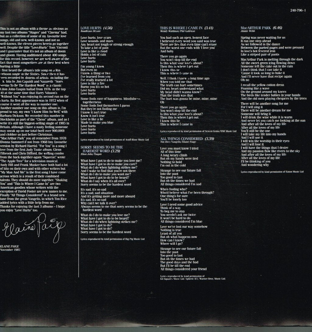 Elaine Paige - Love Hurts - Lp