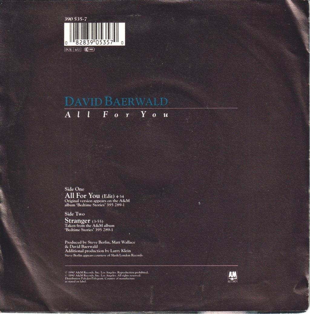 David Baerwald - All For You - 7 Inch