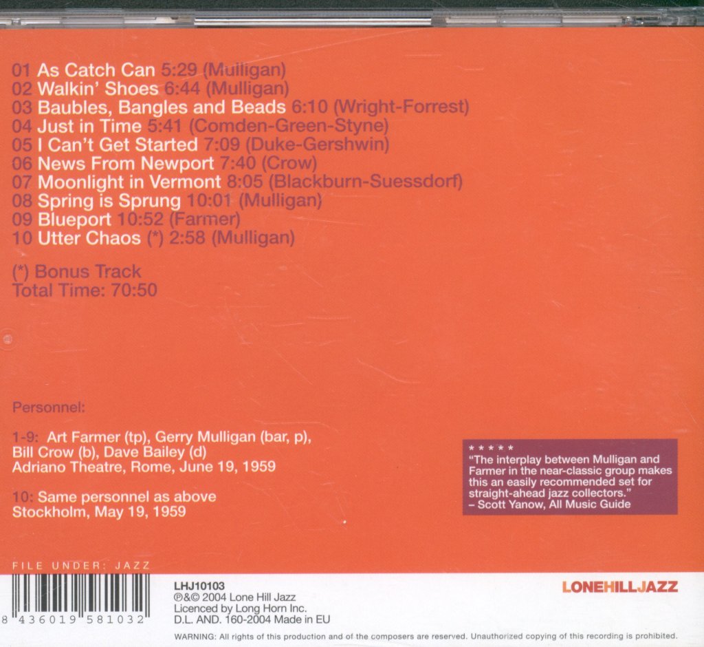 Gerry Mulligan Art Farmer Quartet - Complete Live In Rome Concert - Cd