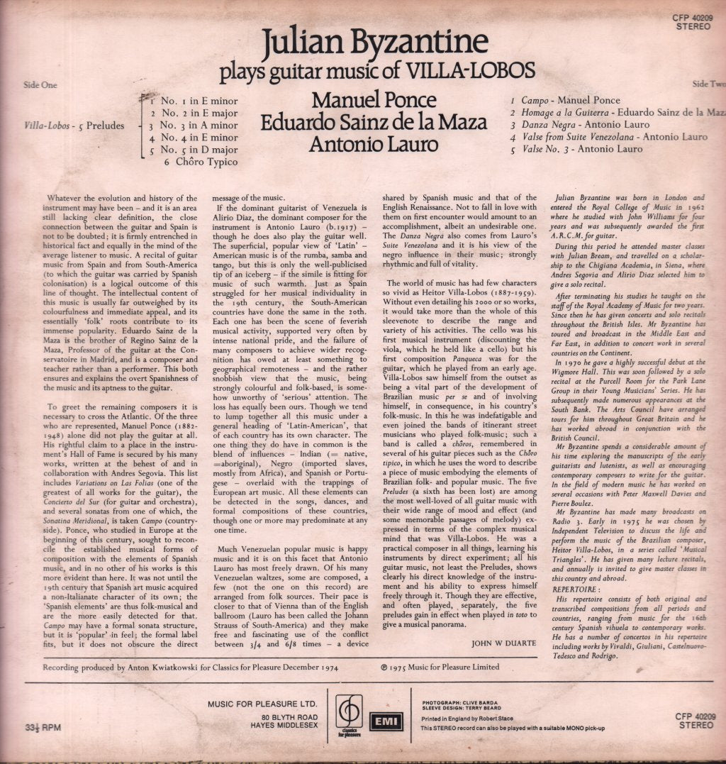 Julian Byzantine - Plays Guitar Music Of Villa-Lobos - Lp