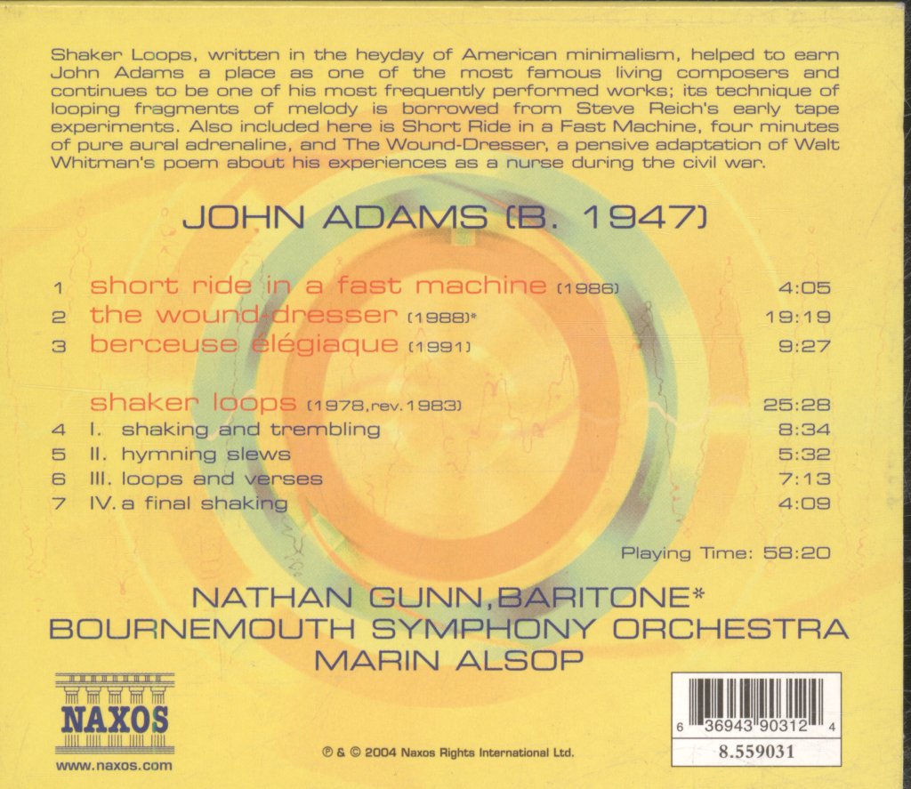 Nathan Gunn, Bournemouth Symphony Orchestra, Marin Alsop - John Adams - Shaker Loops • Short Ride In A Fast Machine • The Wound Dresser • Berceuse Élégiaque - Cd