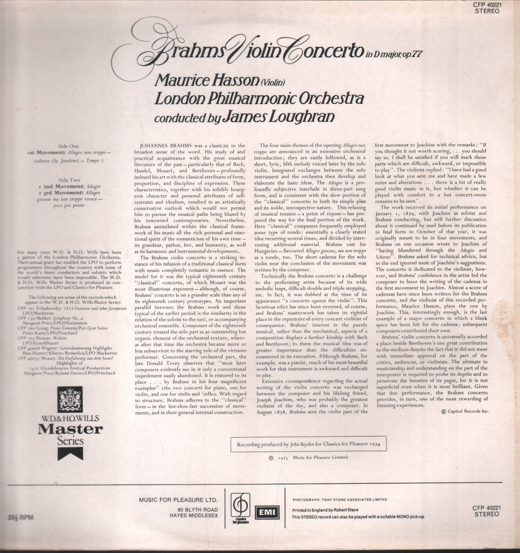 Maurice Hasson / London Philharmonic Orchestra / James Loughran - Brahms Violin Concerto - Lp
