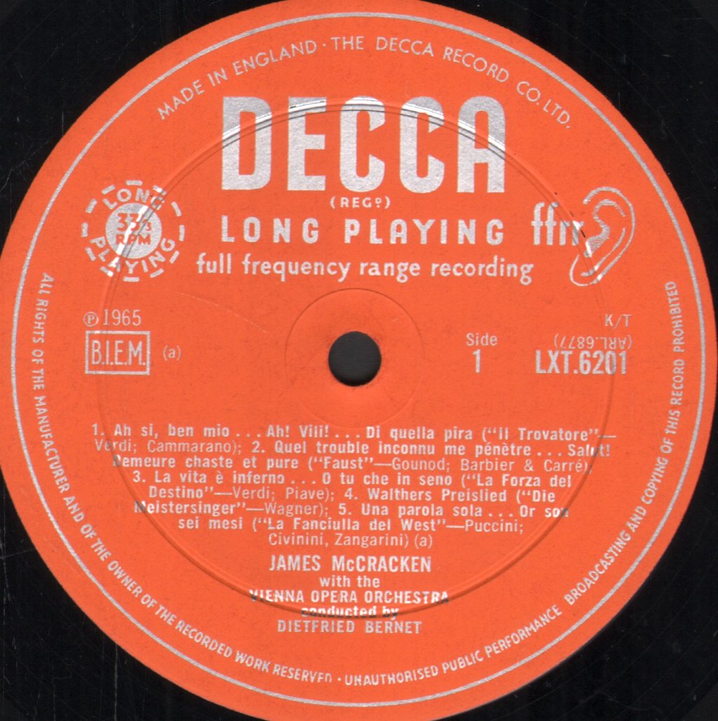 James McCracken / Vienna Opera Orchestra / Dietfried Bernet - McCracken On Stage - Lp