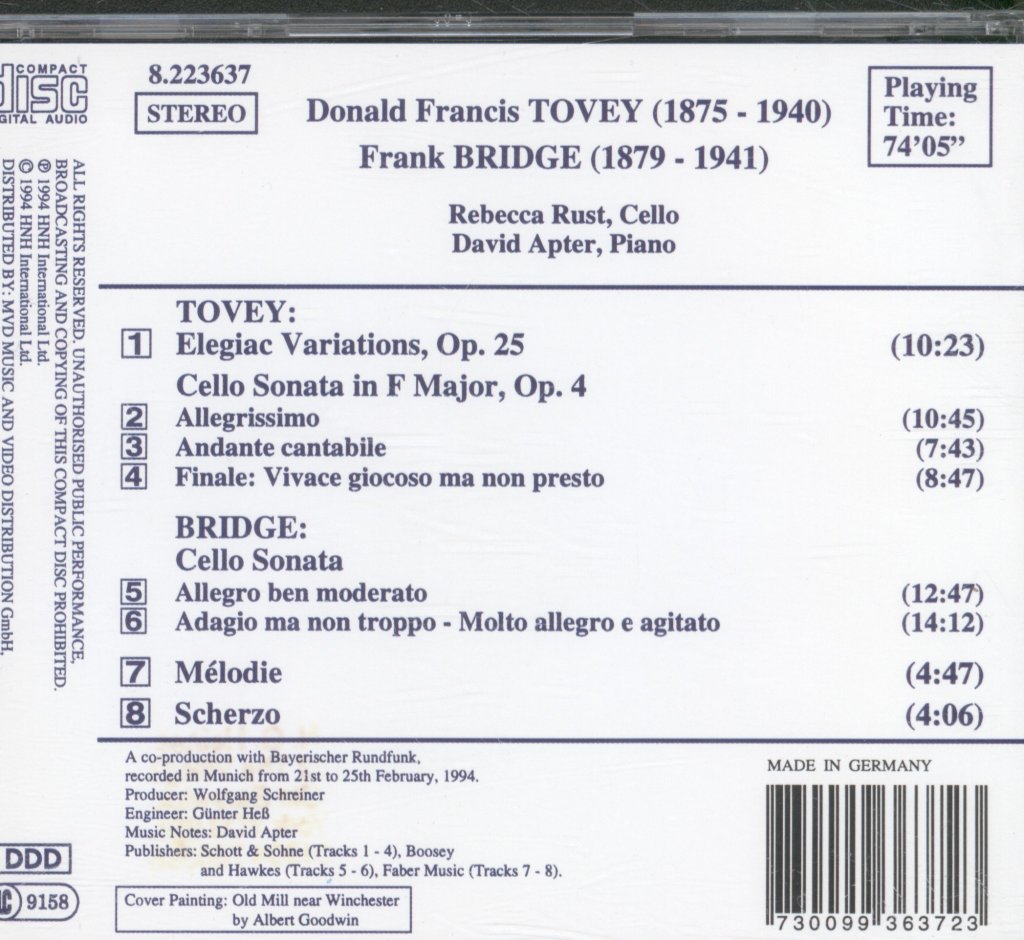 Rebecca Rust and David Aptor - Tovey / Bridge - Cello Sonatas - Cd