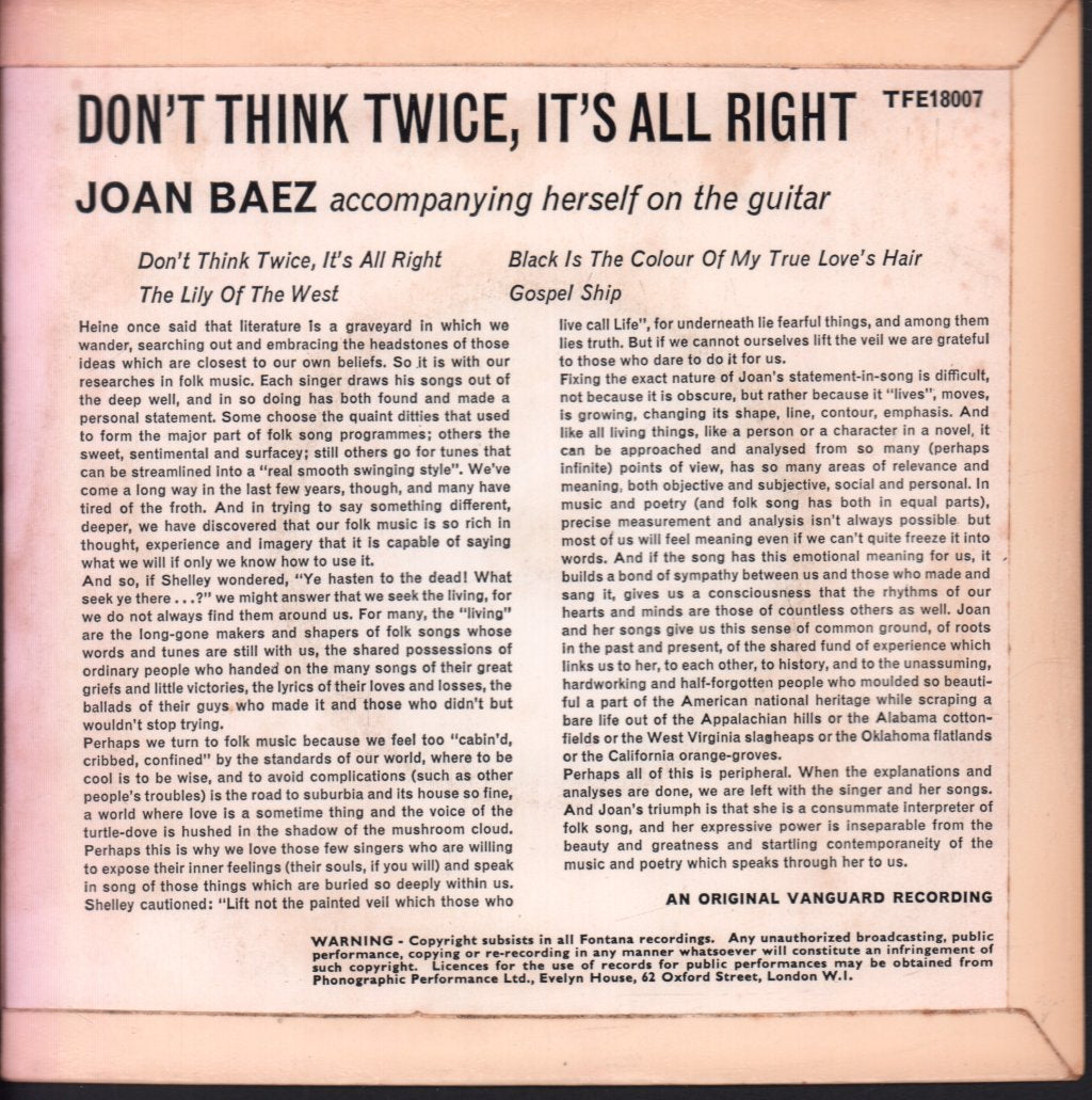 Joan Baez - Don't Think Twice It's All Right - 7 Inch