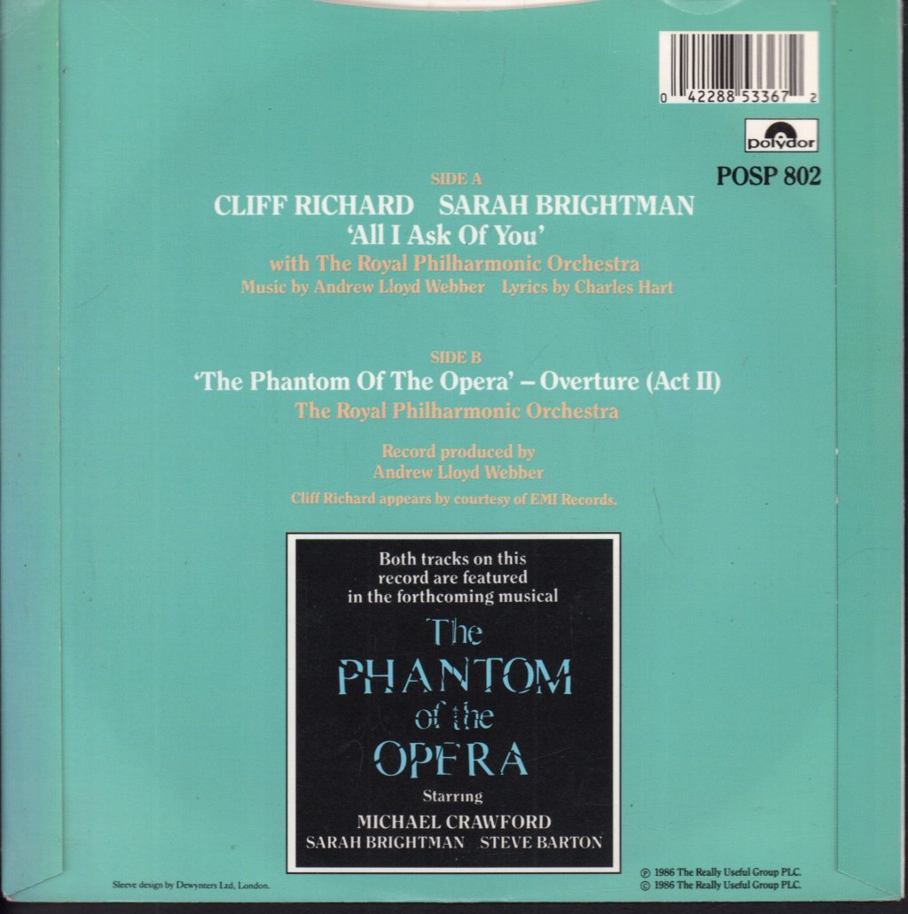 Cliff Richard And Sarah Brightman - All I Ask Of You - 7 Inch