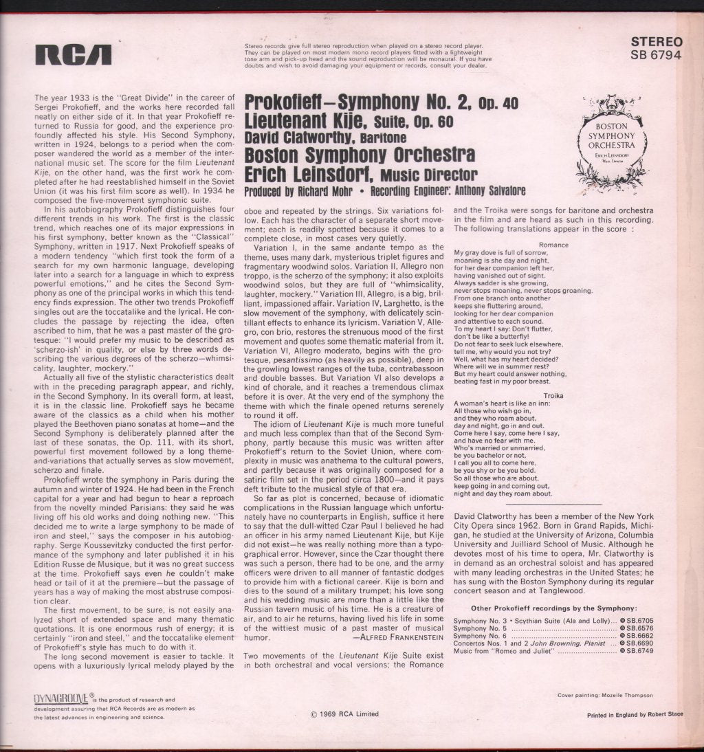 Erich Leinsdorf / Boston Symphony Orchestra /  David Clatworthy - Prokoffieff - Symphony No. 2 / Lieutenant Kije Suite - Lp