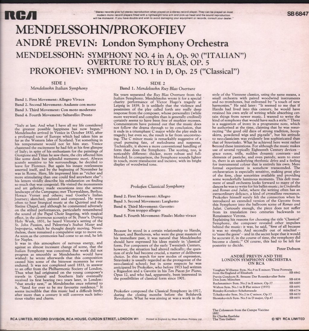 Andre Previn - Mendelssohn - Italian Symphony / Prokofiev - Classical Symphony - Lp